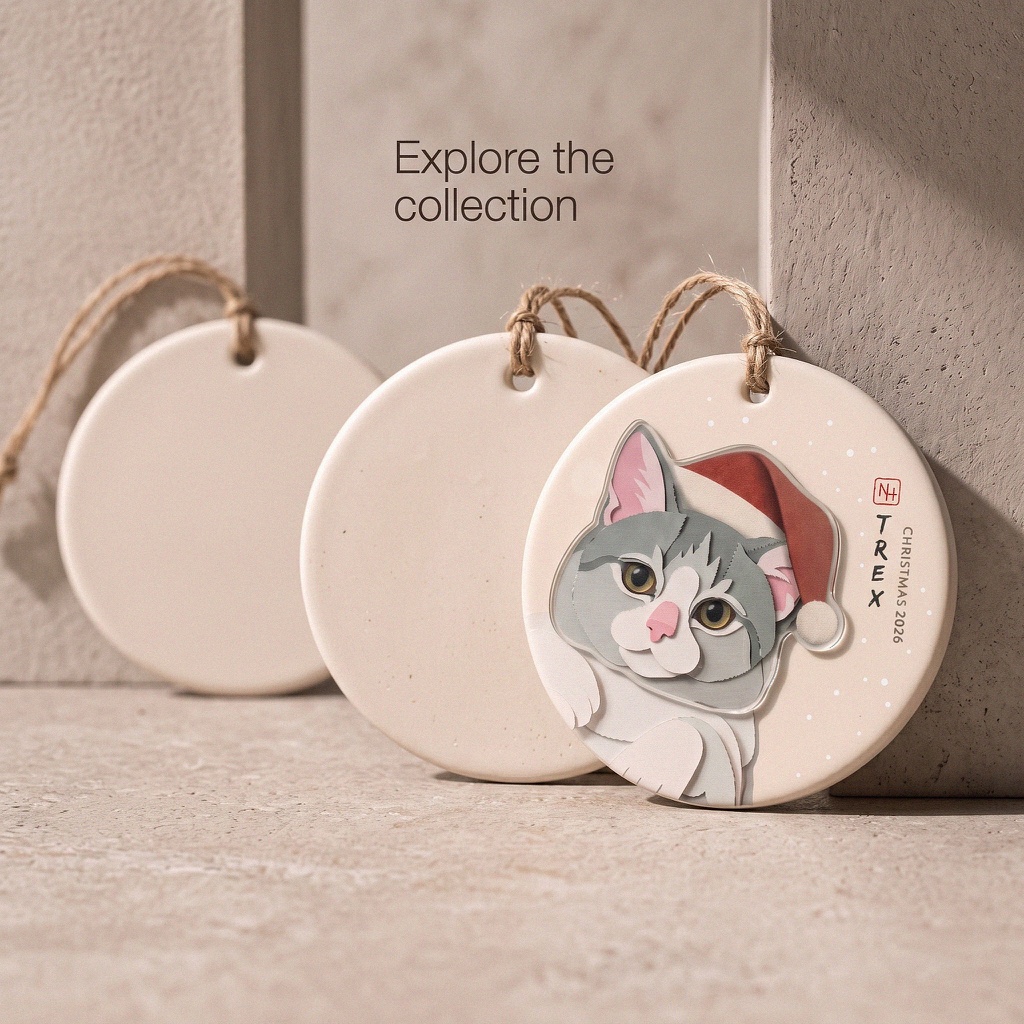 Personalised cat ornament displayed in a quiet neutral setting with the words Explore the collection.
