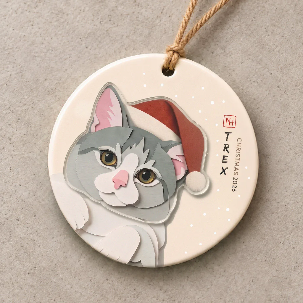 Christmas cat portrait ornament with a layered acrylic portrait on a ceramic base