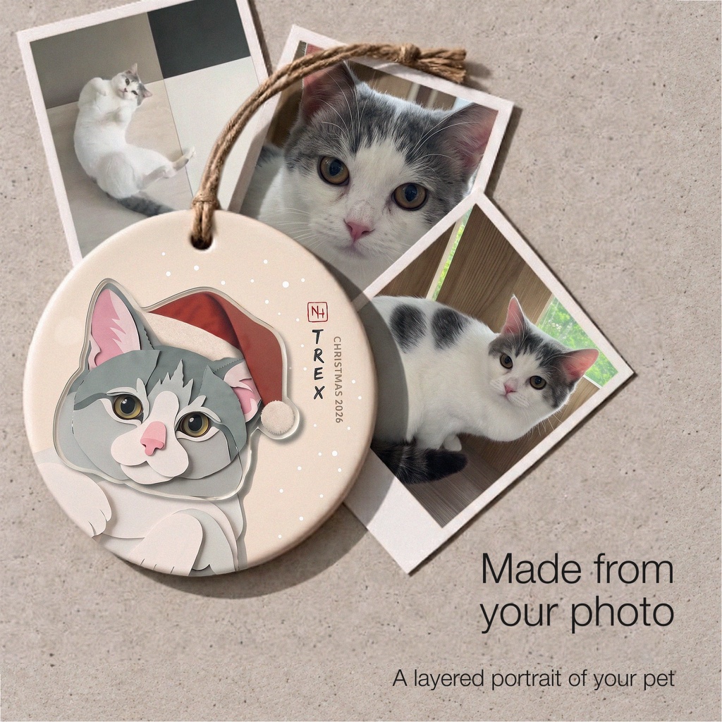 Original grey-and-white cat reference photos arranged beside the finished personalised layered cat ornament.